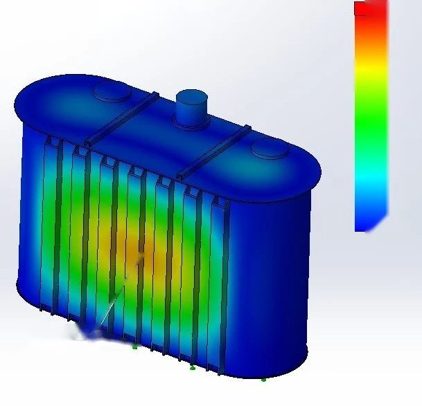 Finite element stress and deformation analysis of a power transformer tank.